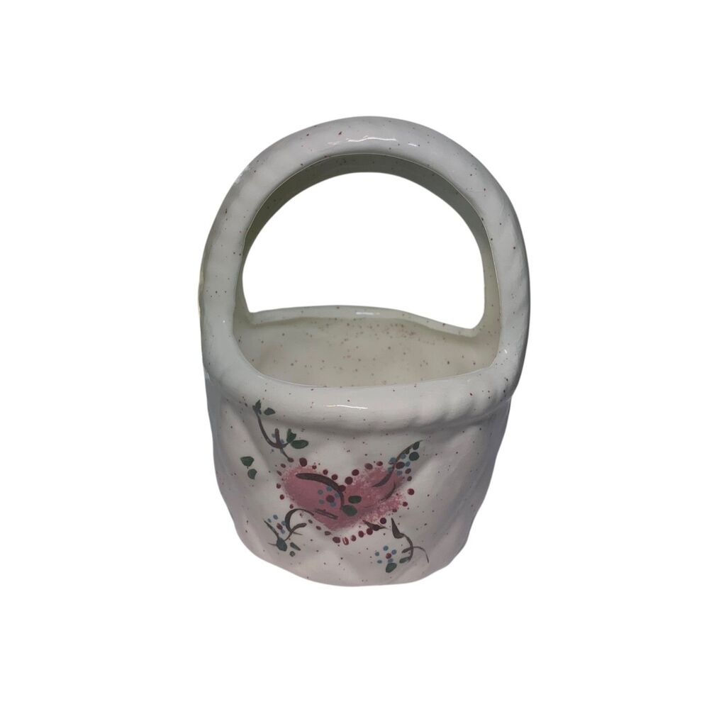Vintage Ceramic Basket White Hand Painted Pink Heart Speckle Woven Style
